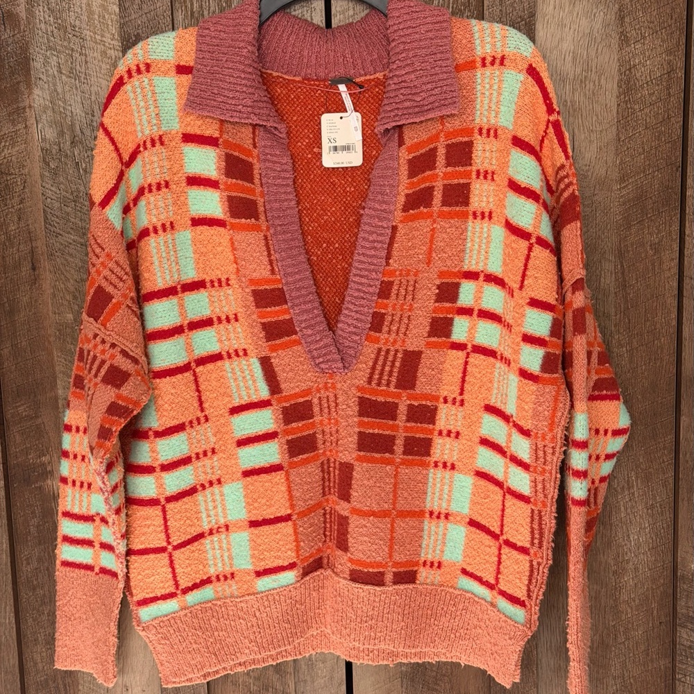 Free People Multicolor Plaid V-Neck Sweater